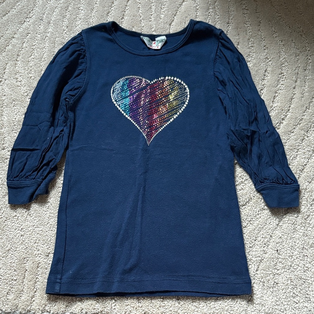 Vintage Kids Hard Tail 3/4 Puff Sleeve Shirt Rhinestone Heart sz S 7 8